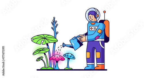 Astronaut Watering Alien Plants in Surreal Scene With Cosmic Artistic Illustration Style