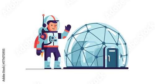 Astronaut Welcoming Visitors Near A Futuristic Dome On An Alien Planet With Style