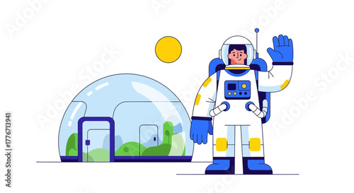 Astronaut Welcoming Visitors Near Dwellings Representing Space Exploration and Adventure