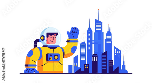 Astronaut Welcoming Visitors to Futuristic City with Skyscraper Buildings and Bright Colors