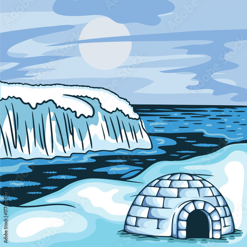 Arctic Landscape with Igloo Vector Illustration in Cartoon Style Scene of Iceberg Scenery