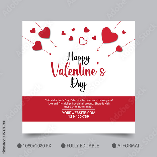 Valentine’s Day Party Invitation Square Banner with Red Hearts Template