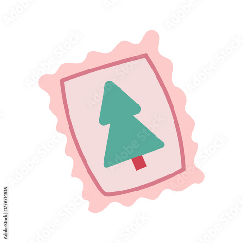 An illustration of a simple pink postal stamp with a small green Christmas tree