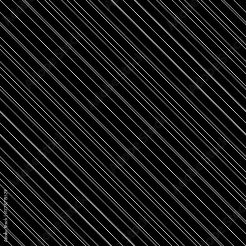 Diagonal thin white lines abstract on black background. Seamless surface pattern design with linear ornament. Angled straight stripes motif. Slanted pinstripe. Striped digital paper for print. Vector.