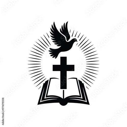Christian symbol of cross dove and open bible with radiant light