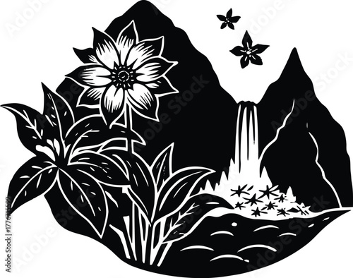 Flower Hillside Waterfall Silhouette | Waterfall in Flower Valley