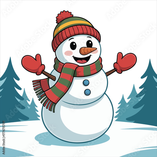 Snowman with Red Hat and Scarf on white Background