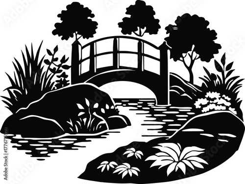 Garden Stream Rock Bridge Silhouette | Floral Garden Bridge Art