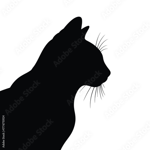 Black cat silhouette profile on white background