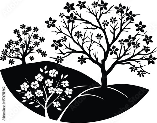 Hillside Spring Blossoms Silhouette | Spring Hill Flower Landscape