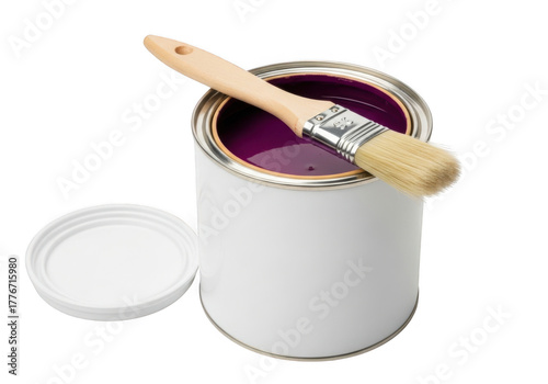 Open can of purple paint with a wooden handled paintbrush resting on the rim, isolated on transparent background