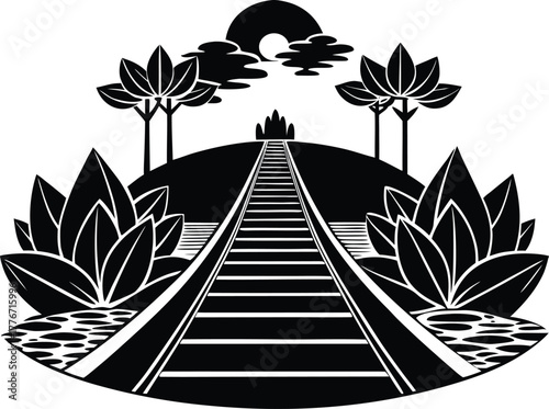 Lotus Bridge Path Silhouette | Lotus Pond Bridge Artwork