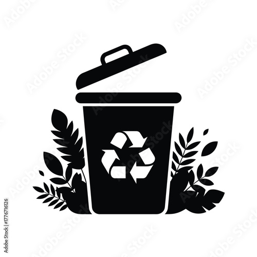 Black silhouette of a recycling bin surrounded by leaves