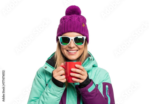 Woman in winter clothing and sunglasses holding a red mug, isolated on transparent background