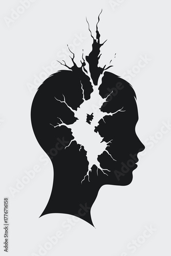 Silhouette of a human head with cracks and light inside, symbolizing mental health struggles, trauma, stress, and emotional healing in minimalist conceptual art.