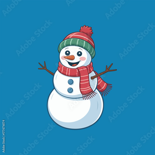 Snowman with Red Hat and Scarf on Blue Background