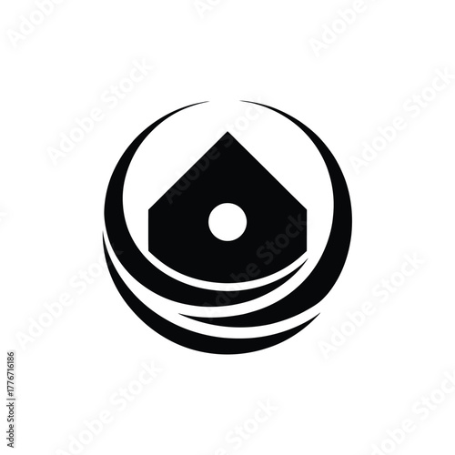Abstract black silhouette of a house with a circular design