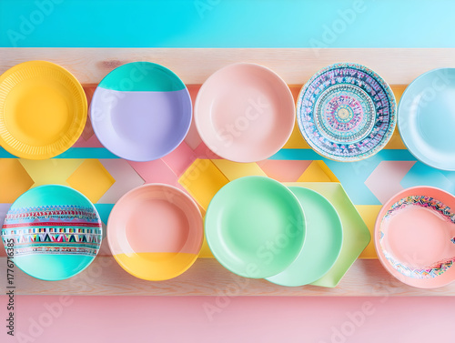 Collection of colorful ceramic dinnerware, plates and bowls featuring intricate ethnic patterns displayed boho style, highlighting artisan craftsmanship and display of handcrafted tableware