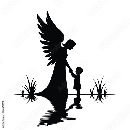 Angel silhouette holding childs hand with reflection and grass