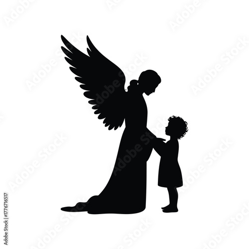 Guardian angel silhouette protecting a small child