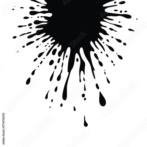 Black ink splash and splatter on white background