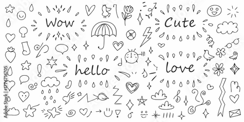 Collection of cute hand drawn doodle elements with words like wow hello love and cute
