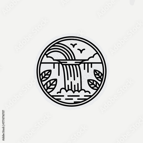 Circular line art illustration of a waterfall with rainbow and birds