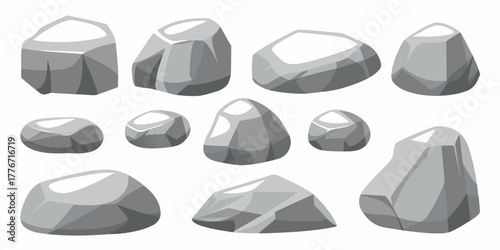 Collection of various gray cartoon rocks and stones in different shapes and sizes on a white background