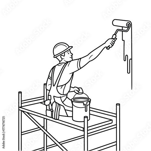 Construction worker painting a wall from a scaffolding platform