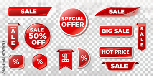 Collection of red sale and discount tags and labels for retail promotions
