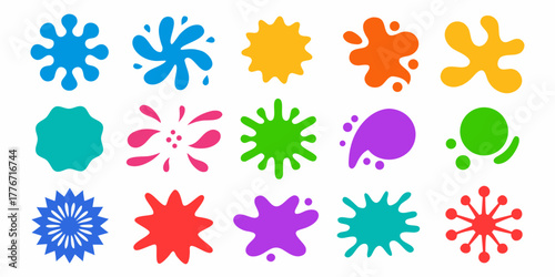 Collection of colorful abstract splatter shapes and blobs on white background