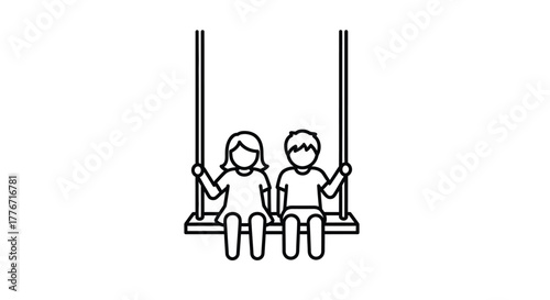 Simple line drawing depicts two children happily seated on a swing set