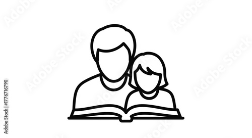 Father and daughter reading a book together simple line art style