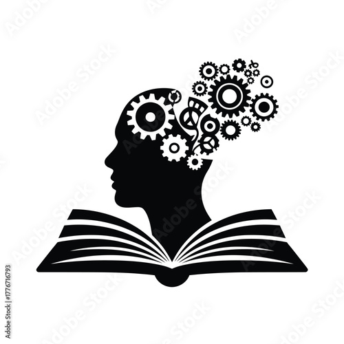 Silhouette of a human head with gears emerging from an open book