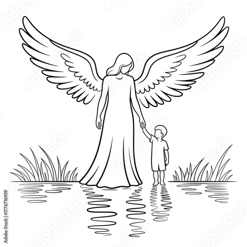 Guardian angel protecting child by water with reflection