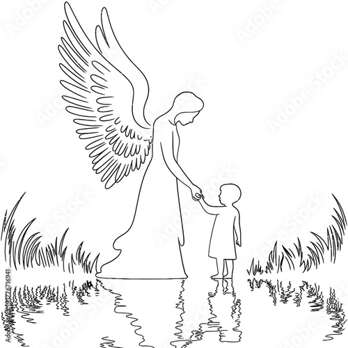 Guardian angel holding child s hand by water reflection