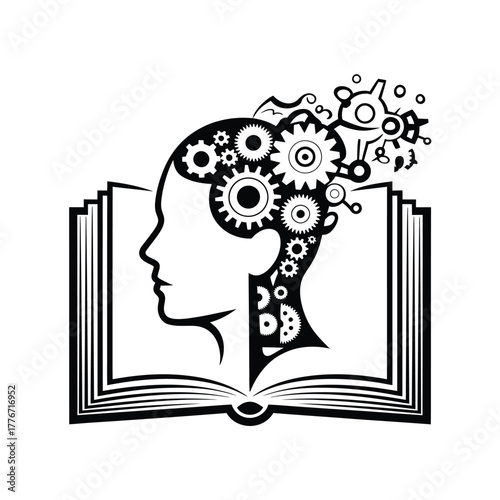 Open book with silhouette of human head filled with gears and cogs