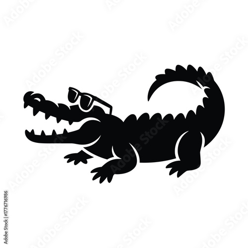 Cool silhouette of an alligator wearing sunglasses on a white background