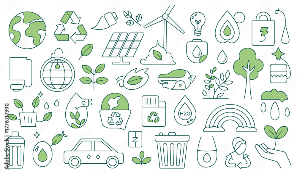 Naklejka premium Collection of green eco-friendly icons representing sustainability and environmental protection Keywords: eco, environment, green, sustainability