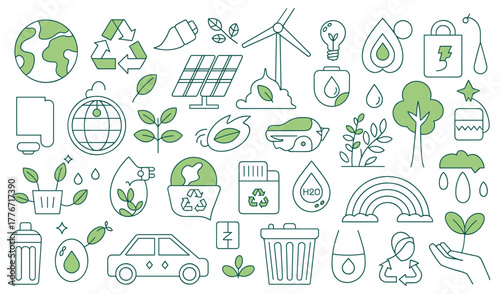 Collection of green eco-friendly icons representing sustainability and environmental protection Keywords: eco, environment, green, sustainability