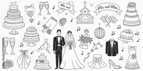 Hand- Drawn Wedding Elements Including Cakes, Couple, Church, and Attire doodle illustration