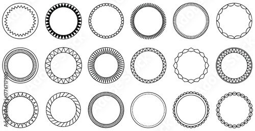 Set of fifteen decorative circular frames with diverse geometric and ornamental patterns Keywords: circle, frame, border, decorative, ornamental