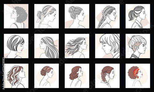 Women Hairstyle Icon Set – Minimal Line Art Vector Collection of Female Haircuts, Beauty and Fashion Styles