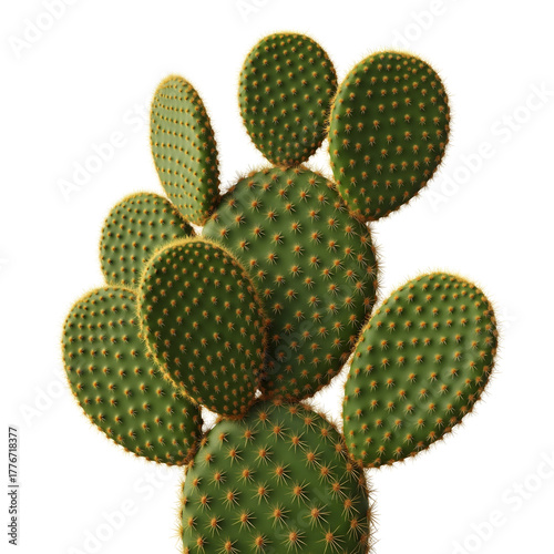 A vibrant green prickly pear cactus, with multiple paddle-shaped pads and sharp yellow spines, stands against a white background. Generative AI.