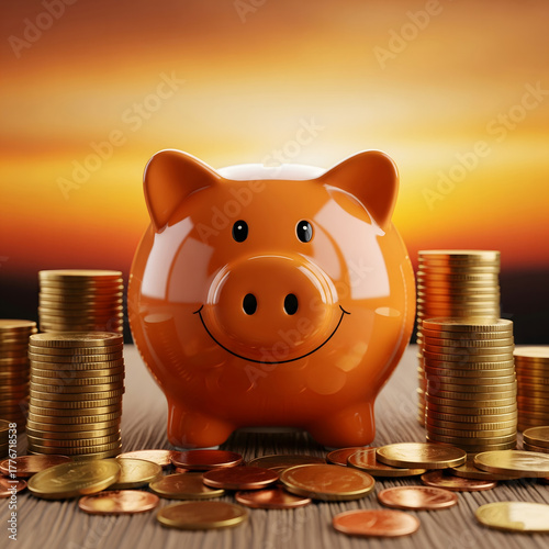 A shiny orange piggy bank with a smile is surrounded by stacks of gold and copper coins against a warm sunset background. Generative AI.