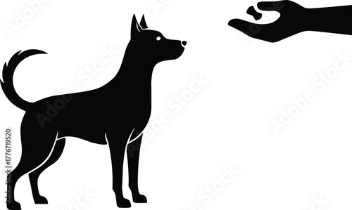 Black silhouette of dog being fed by human hand, pet care and training concept, loyalty and friendship vector illustration design