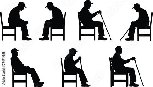 Black silhouette of elderly man sitting on chair with walking cane, senior person vector illustration, aging and retirement concept design