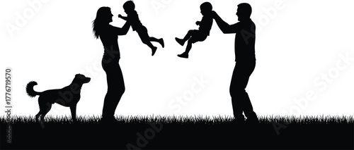 Black silhouette of happy family with two children and dog playing outdoors on grass, parenting love and bonding vector illustration