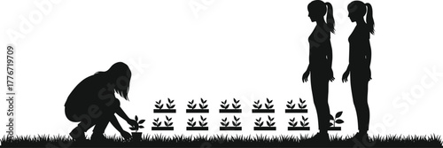 Black silhouette of women planting seedlings in garden, teamwork gardening concept, outdoor farming and environmental care vector illustration design