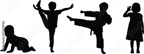 Silhouette of children playing and moving, baby crawling, kids dancing, waving and kicking, fun childhood activity vector illustration design